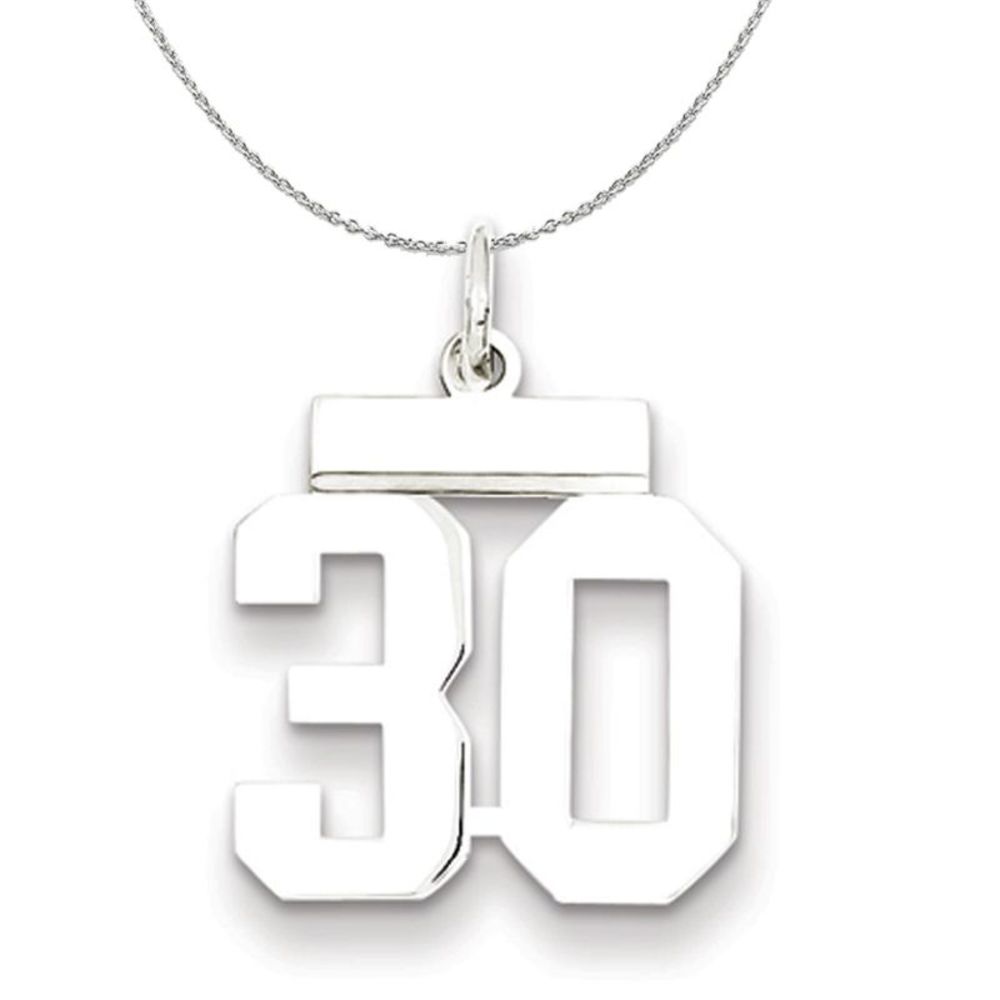 Silver, Athletic Collection, Small Polished Number 30 Necklace - 20 In